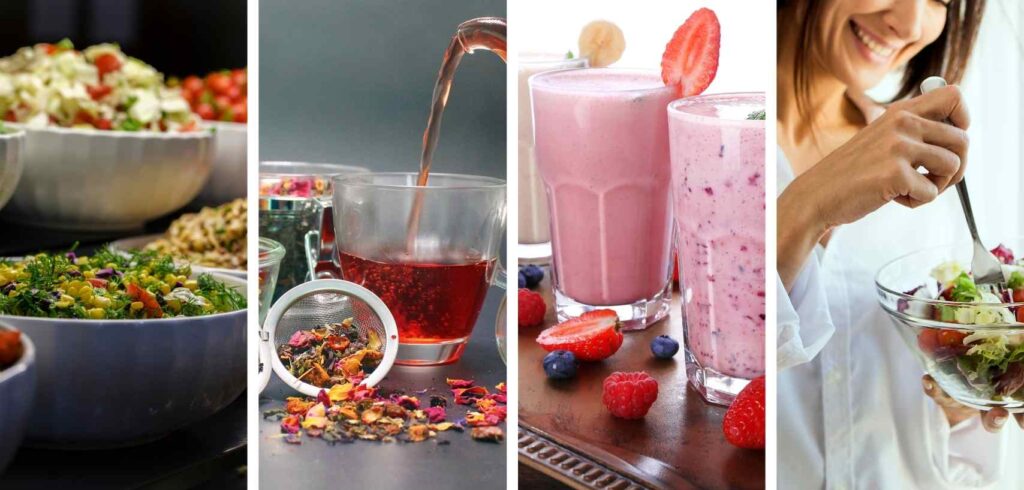 Colorful bowls of salads, herbal tea, fresh fruit smoothies, and a woman enjoying a healthy meal — representing Sunita Gohrani’s Nutri-Chat program for natural healing, improved immunity, and balanced nutrition.